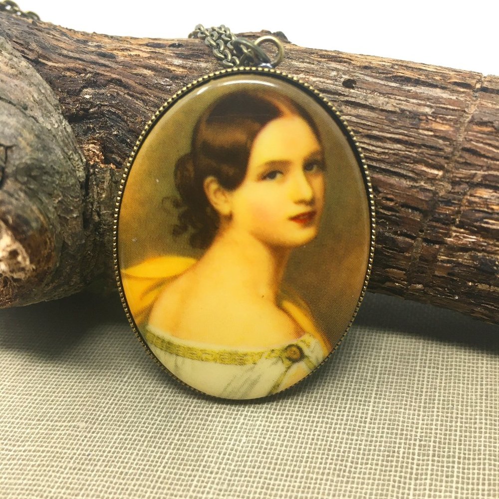 Victorian Era Painted Girl Off the Shoulder Dress Cameo Pendant Necklace